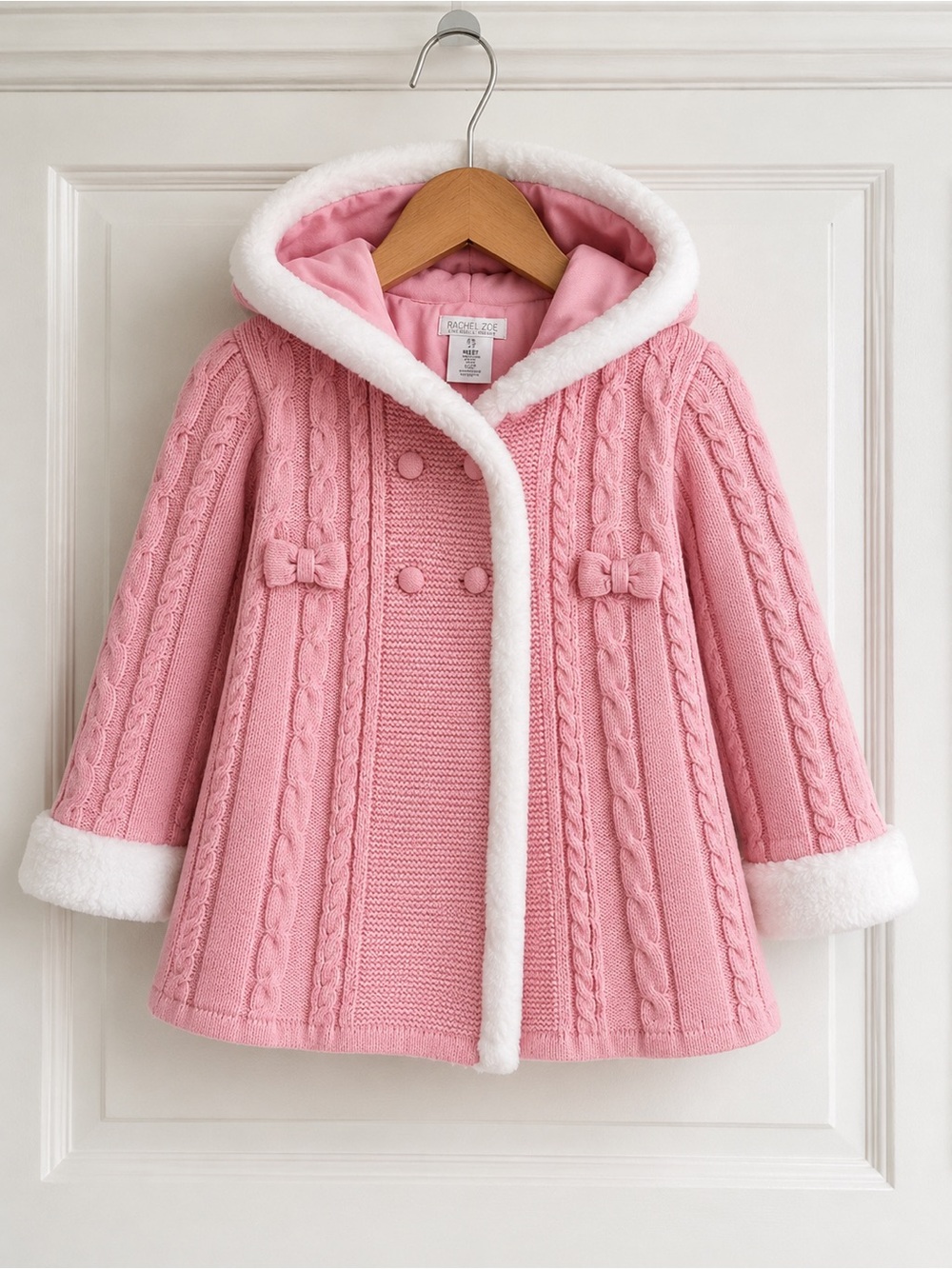 Rachel Zoe Girls Pink Sweater Coat 4T | Faux Fur Hood Winter Jacket